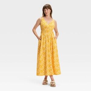 Yellow & White Floral Design Maxi Dress w/Pockets, Smocked Waist, Size XL, New
